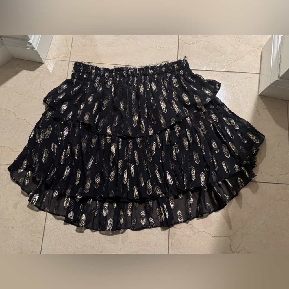 LOVESHACKFANCY MINI SKIRT Size small- black with gold tiered ruffled silk skirt